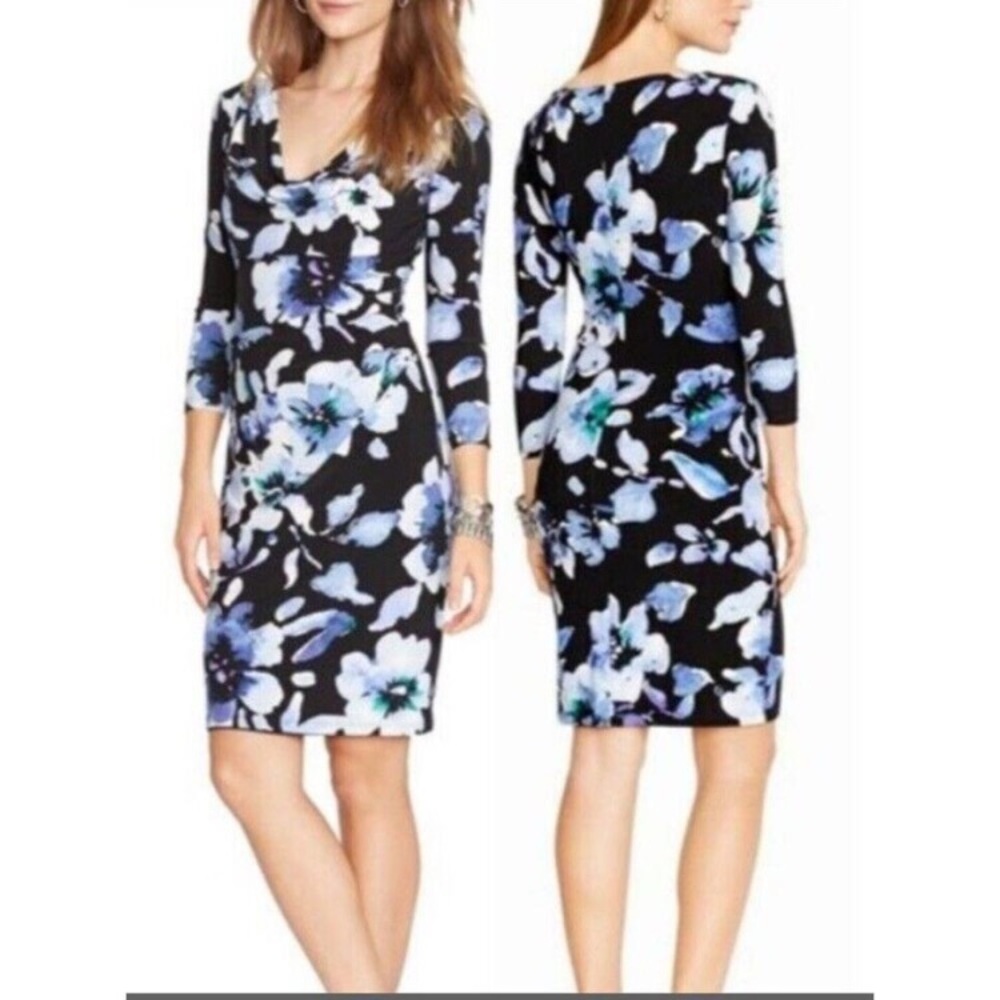 Lauren ralph Lauren Blue floral lined pleated side 3/4 sleeve cowl neck dress - Picture 1 of 8